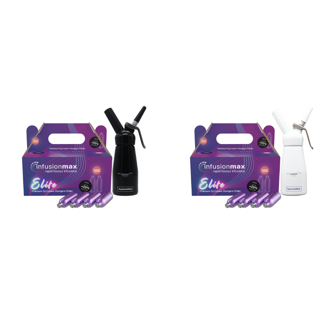 InfusionMax Elite 100-Pack 9g Cream Chargers + SupremeWhip 250ml Aluminum Dispenser Bundle