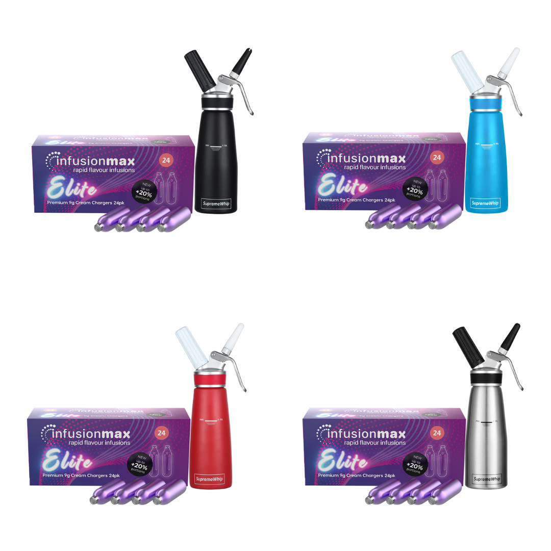 InfusionMax Elite 24-Pack 9g Cream Chargers + SupremeWhip PRO 500ml Dispenser Bundle – Professional Whipped Cream Kit